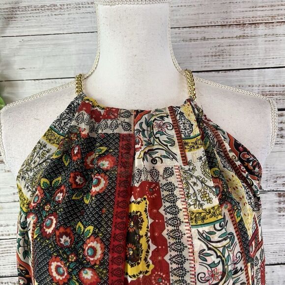 Tahari Dress size Small Orange Blue Gold Floral Paisley Boho Sheer Trapeze Boho - Picture 9 of 16